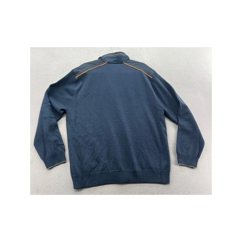 Orvis Sweater Mens XL Navy Blue Quarter Zip Pullover Orange Trim Ribbed Elbows